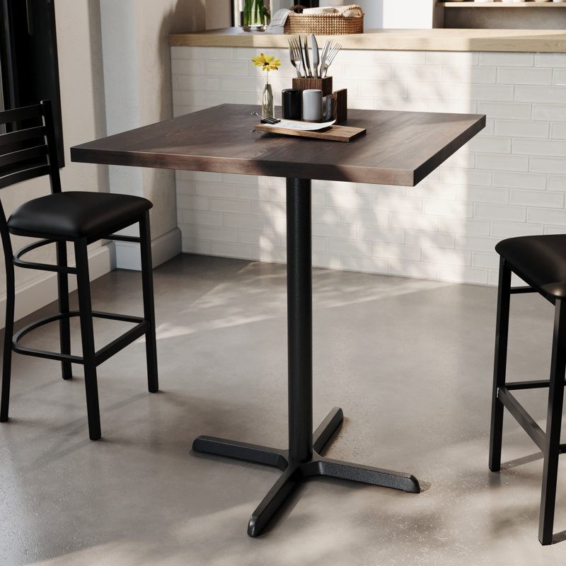 Plateau de table carré en bois massif avec base en X, H 42 po x L 36 po x l 36 po, Bois brun foncé, Noir