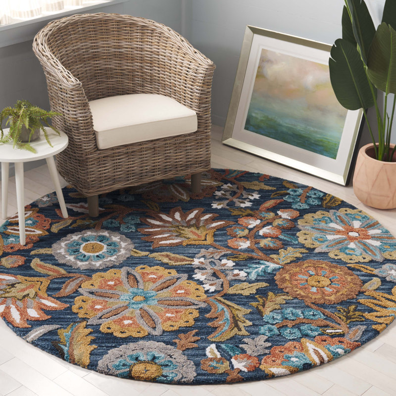 Rubylee Hand Tufted Wool/Cotton Floral Rug in Blue/Ivory, Round 6'