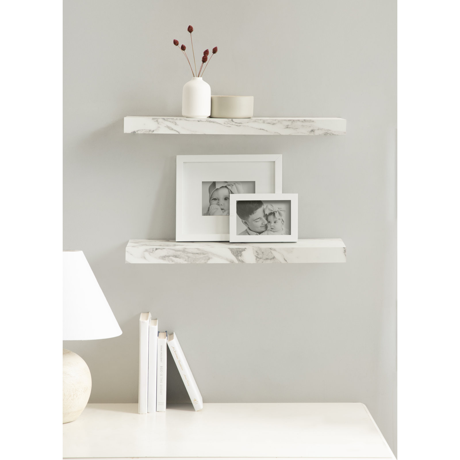 Jeremiah 2 Piece Picture Ledge Wall Shelf, 1.5" H x 22" W x 6" D, Marble White