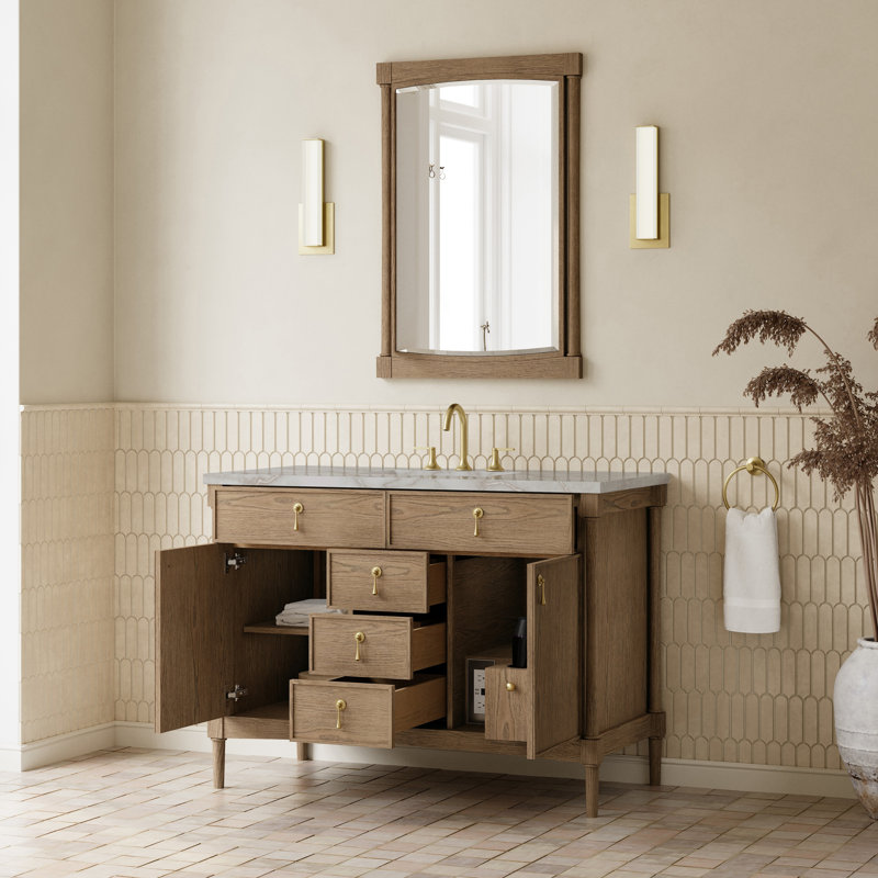 Kinnsden 48" W Single Vanity w/ FreePower Wireless Charger, Weathered Oak, Victorian Silver Silestone