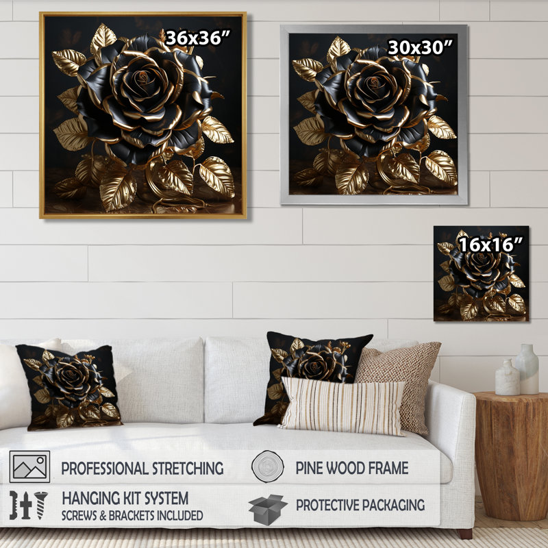 Décoration murale noire rose doré doré et feuilles dorées - rose, Toile avec cadre flottant noir, H 16 po x l 16 po x P 1 po