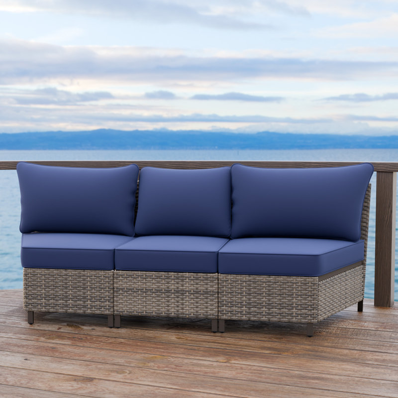 3 - Person Armless Wicker Outdoor Patio Chair with Cushions, Navy