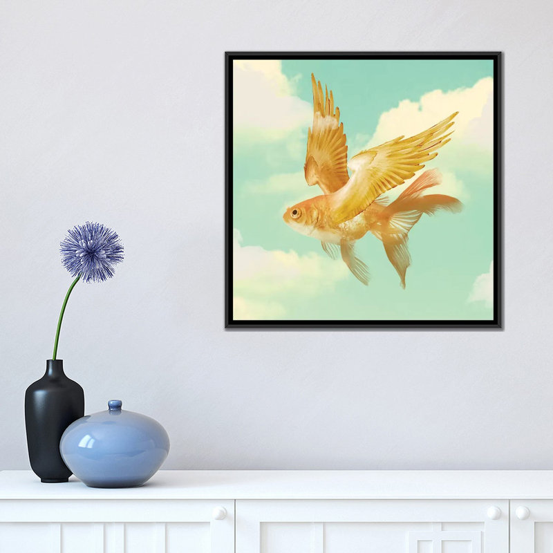 « flying un poisson rouge » par vin zzep, impression sur toile tendue, H 18 po x l 18 po x P 1,5 po, Toile avec cadre noir