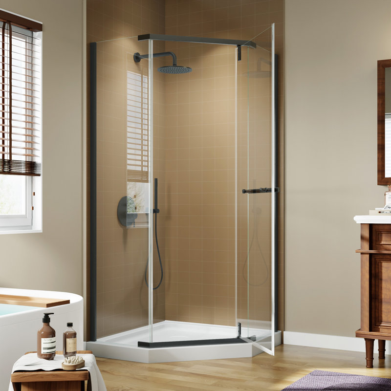 Corner Shower Enclosure 36 In. W X 72 In. H Frameless Neo-Angle Shower Enclosure, 1/4" (6Mm) Clear SGCC Tempered Glass, Pivot Shower Door In Matte Black,Shower Base Not Included