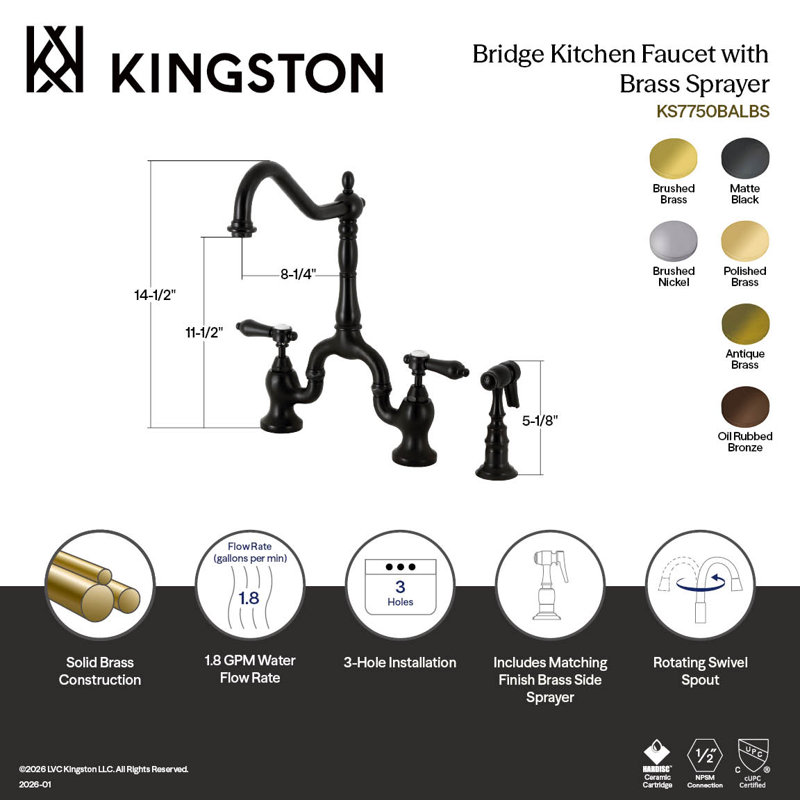 Kingston Brass Heirloom Two-Handle 3-Hole Deck Mount Bridge Kitchen Faucet with Brass Side Sprayer, Brushed Nickel
