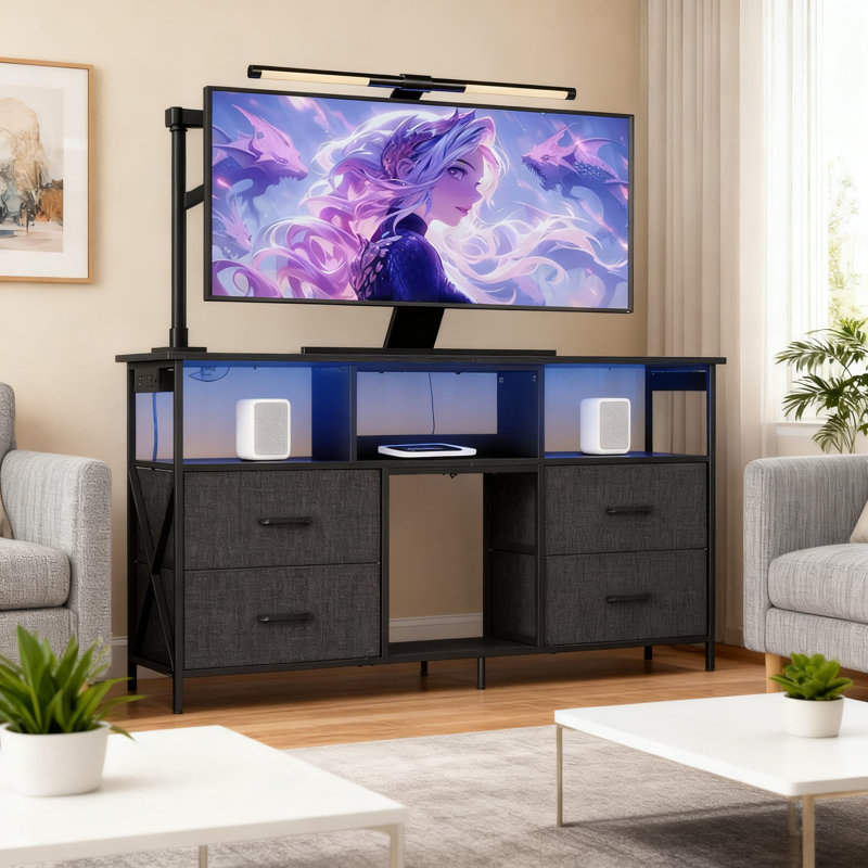 Meuble télé de jeu avec prises de courant et lumières DEL, console multimédia avec tiroirs et tablettes pour téléviseur de 60 po, conception robuste pour le salon