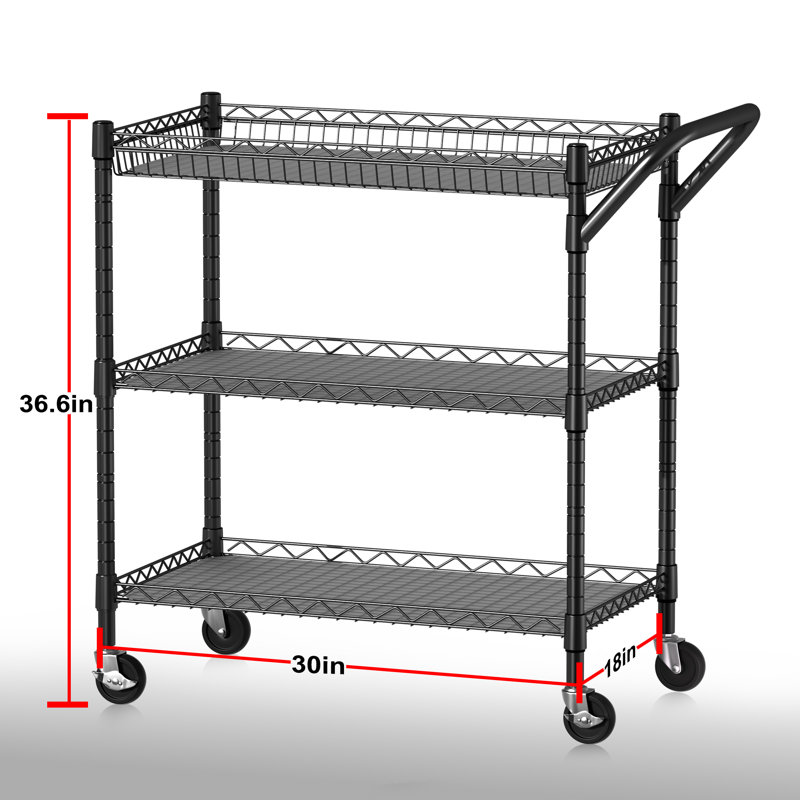 3tier Heavy Duty Rolling Utility Cart, H,commercial Grade Metal Cart ,trolley Serving Storage Cart For Kitchen., Black