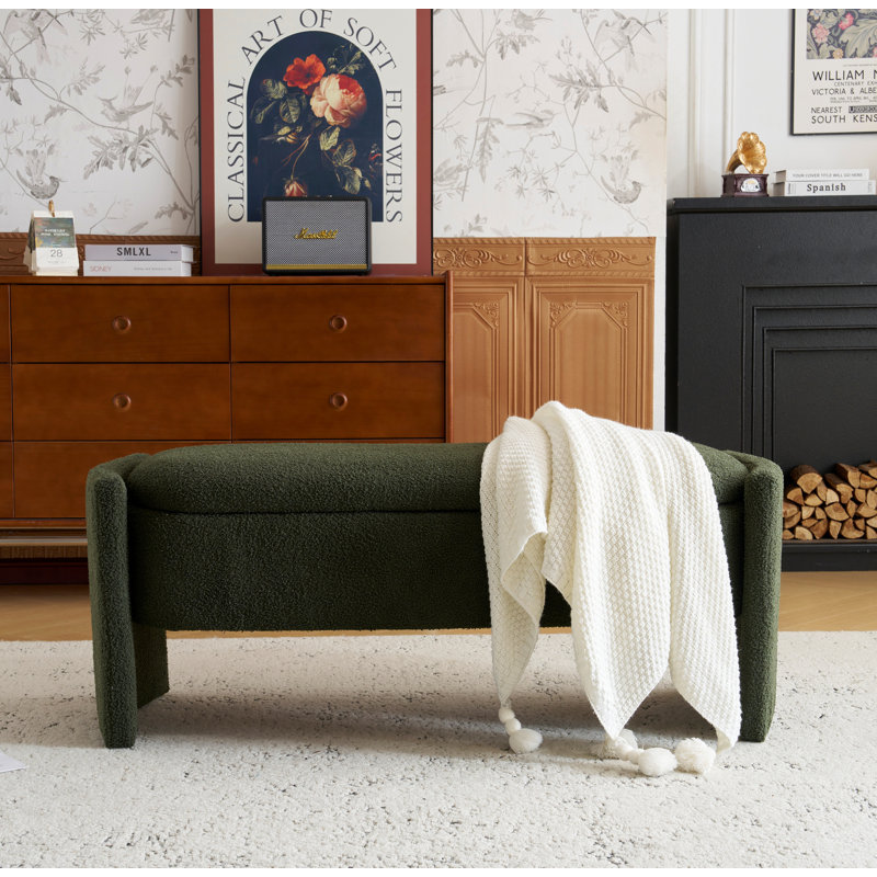 Elegant Dark Green Boucle Long Storage Ottoman Bench
