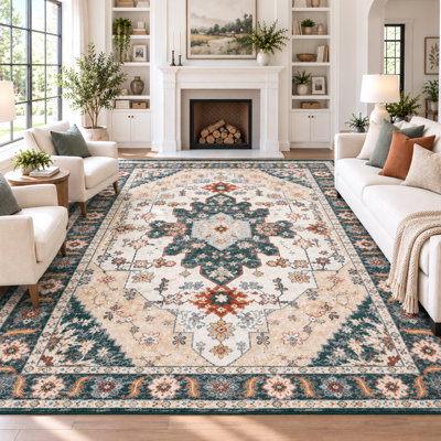 Tapis traditionnel vert foncé ivoire avec médaillon lavable à la machine
