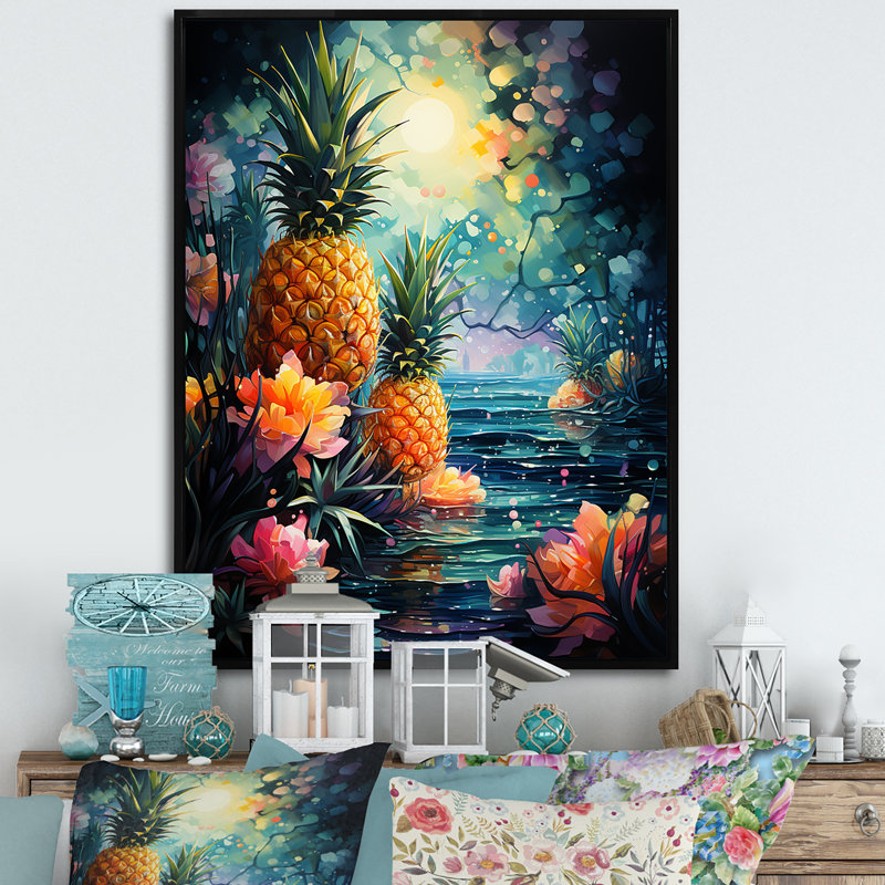 Vert et jaune, ananas cosmique III - ananas, art mural, Cadre photo noir, H 44 po x l 34 po