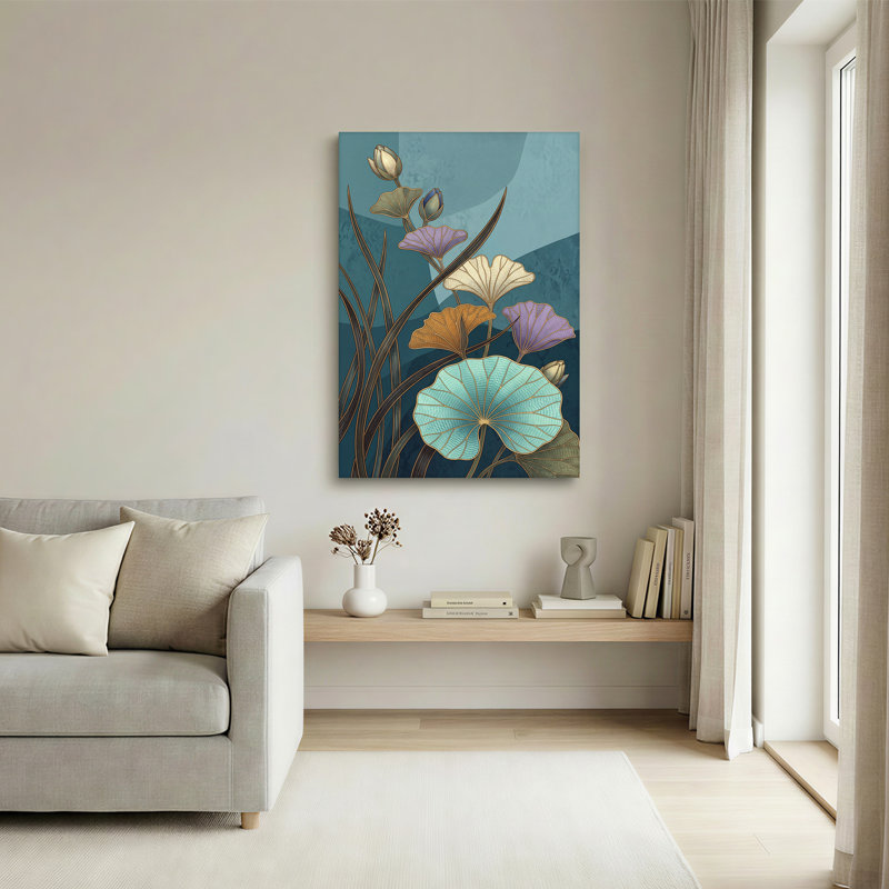 «Lotus Leaves and Buds in Gold and Teal», art mural sur toile, 24"H x 16"W