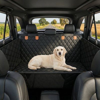 Système d'extension de siège arrière convertible pour canins avec housse de siège d'automobile à base rigide pouvant supporter jusqu'à 400 livres, protecteur de siège arrière pour hamac pour animaux de compagnie imperméable incorporant une fenêtre de visualisation en filet convenant aux voitures, aux camions et aux véhicules utilitaires sport.