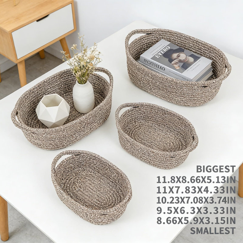 Cotton Rope Storage Basket Set With Handles, 5-Piece Decorative Organizer Bins For Bathroom, Closet, Shelf, And Home Organization