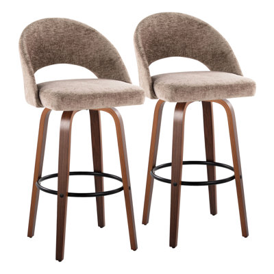 Bois de noyer à hauteur fixe de 2 avec tissu brun, repose-pieds rond en métal noir, caractère moderne de style Mid-Century, pieds courbés