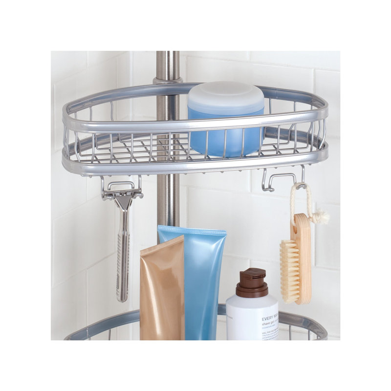 Silver Metal Tension Rod Corner Shower Caddy with Adjustable Baskets