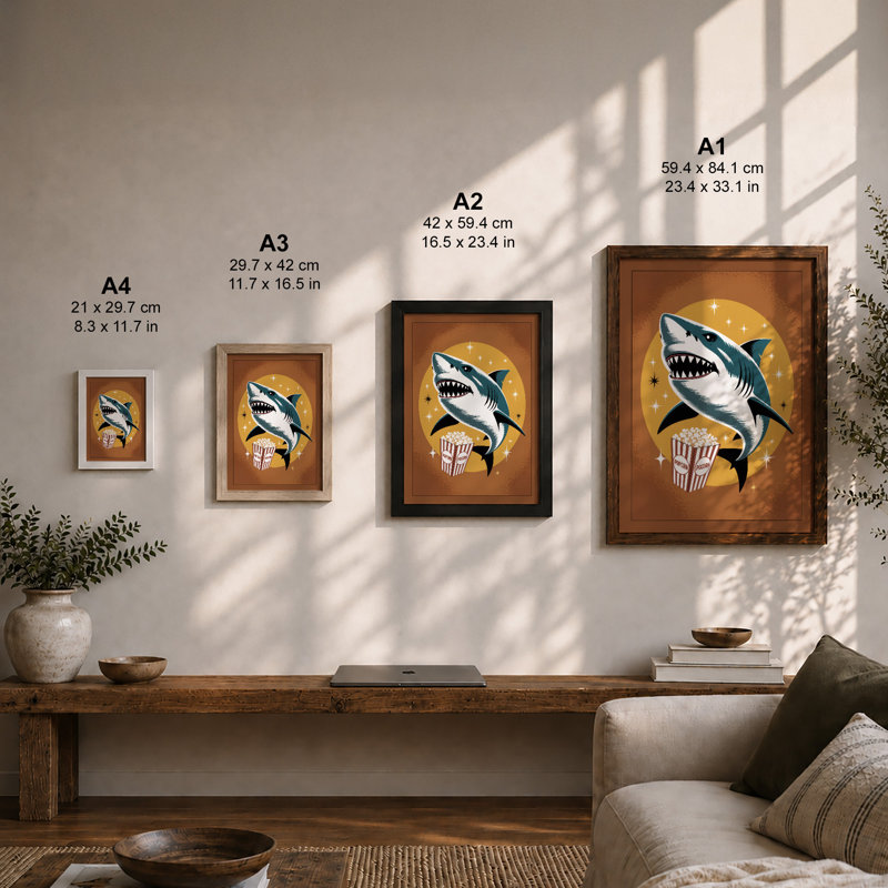 Shark and Cinema Graphic 1 Piece Single Picture Frame Wall Art, A1 - 84.1 x 59.4 cm, Walnut