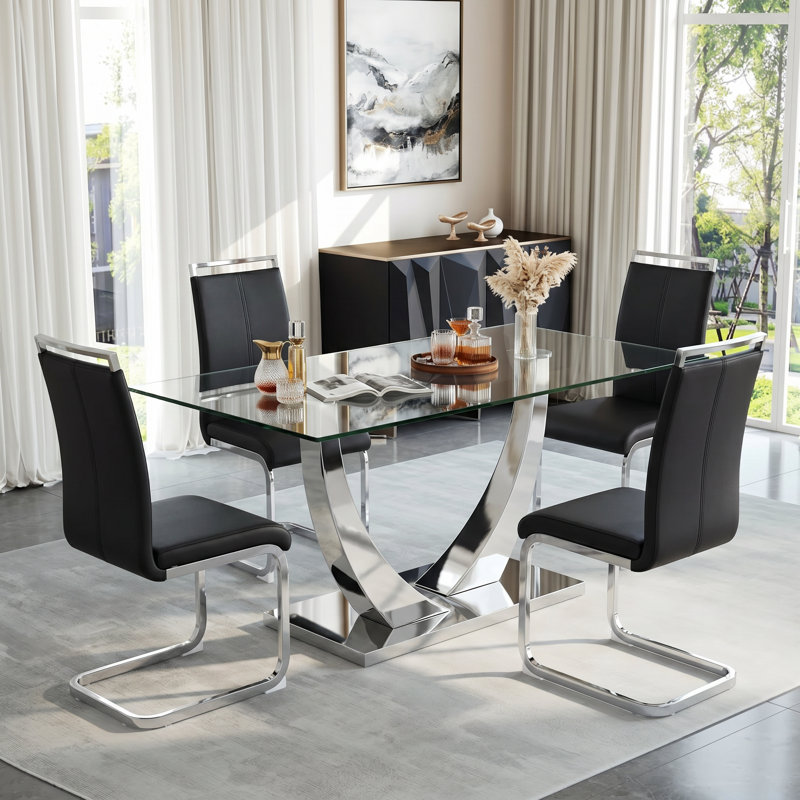 5-Piece Modern Rectangular Tempered Glass Dining Set with Metal Base and Faux Leather Cantilever Chairs, Black, 5, Chrome