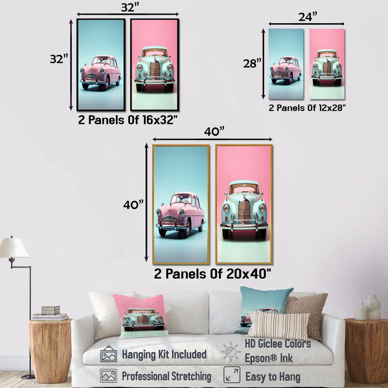 Popart rose et bleu des années 1950, ensemble de 2 reproductions d'art sur toile rétro, Cadre flottant noir
