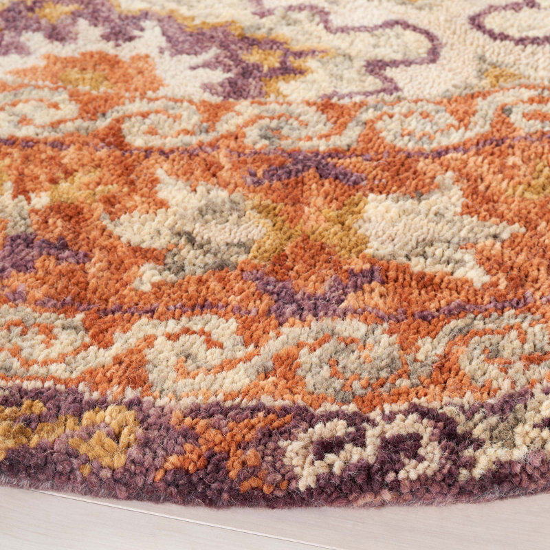 Handmade Tufted Wool/Cotton Orange/Beige Rug, Round 7'