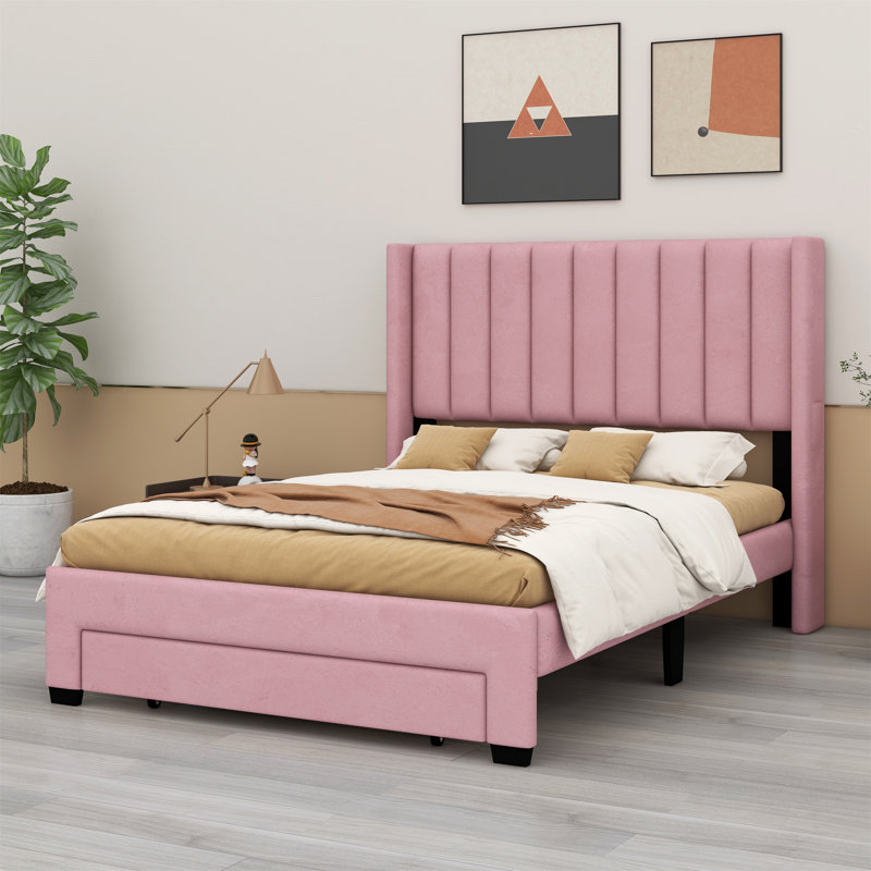 Lit plateforme à panneau de rangement Izaiha, Double, Rose