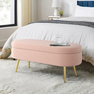 Banc de rangement repose-pieds ovale en flanelle avec pieds en métal - rose (43,5 po x 16 po x 16 po)
