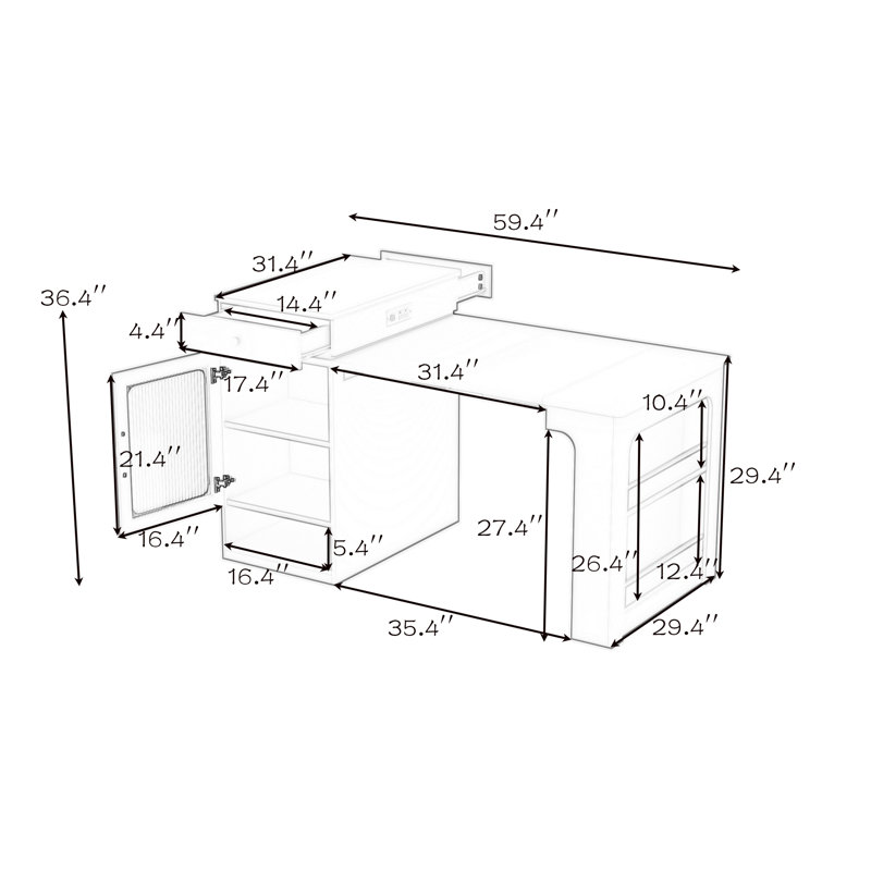 Îlot de cuisine avec table de salle à manger extensible, 2 tiroirs, prise de courant et tablettes latérales ouvertes
