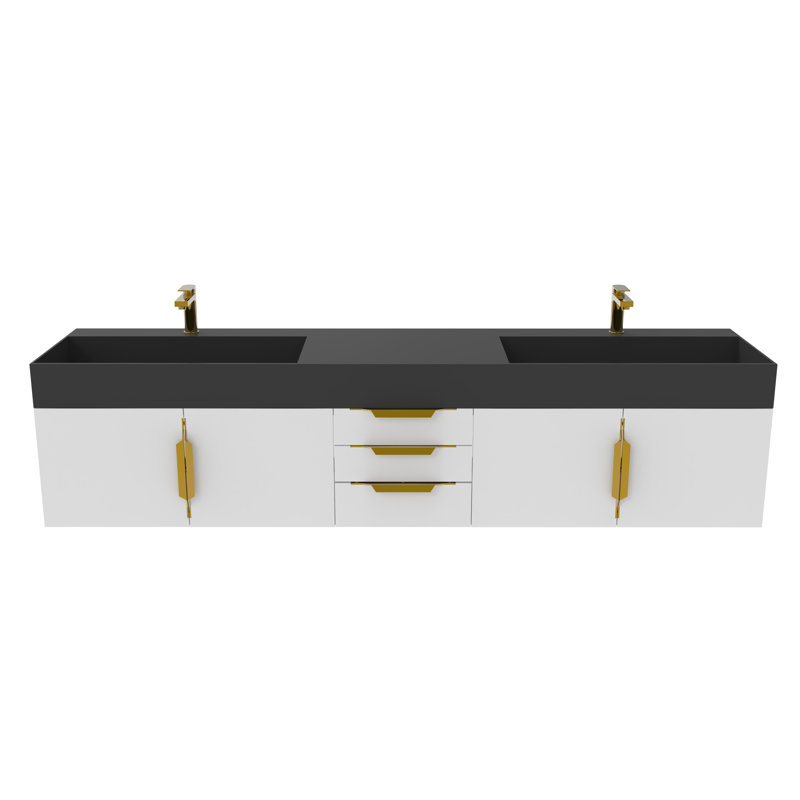 Meuble-lavabo double 84 po avec plateau Amazon, Blanc, Or, Noir