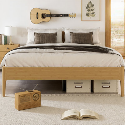 15 Inch High Solid Bamboo Platform Bed Frame with Metal Support, Modern Minimalist Wood Slat Base, No Box Spring Needed, Noise-Free, Easy Assembly