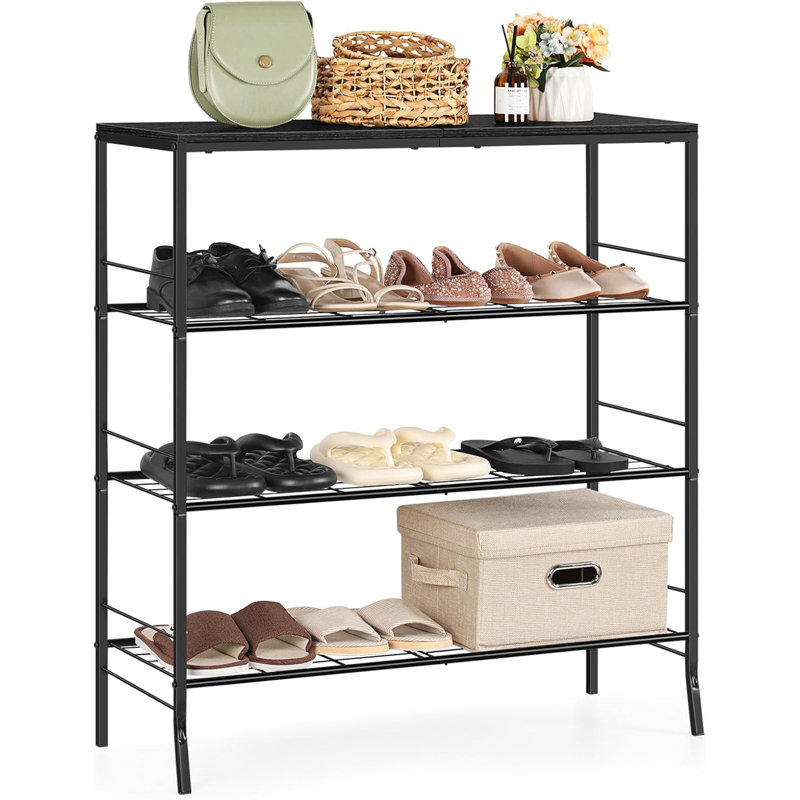 Étagère à chaussures à 4 niveaux avec plateau en bois - Étagère de rangement rustique, console de rangement pour le couloir