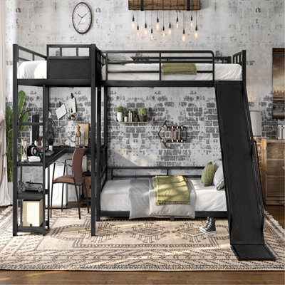 L-Shaped Metal Bunk Bed (Top bed:Full/FullXL, bottom bed: Queen) with Twin XL Loft Bed, Desk, and Storage Shelves,USB Charging Port Included - Metal Triple Bunk Bed with Slide,Black