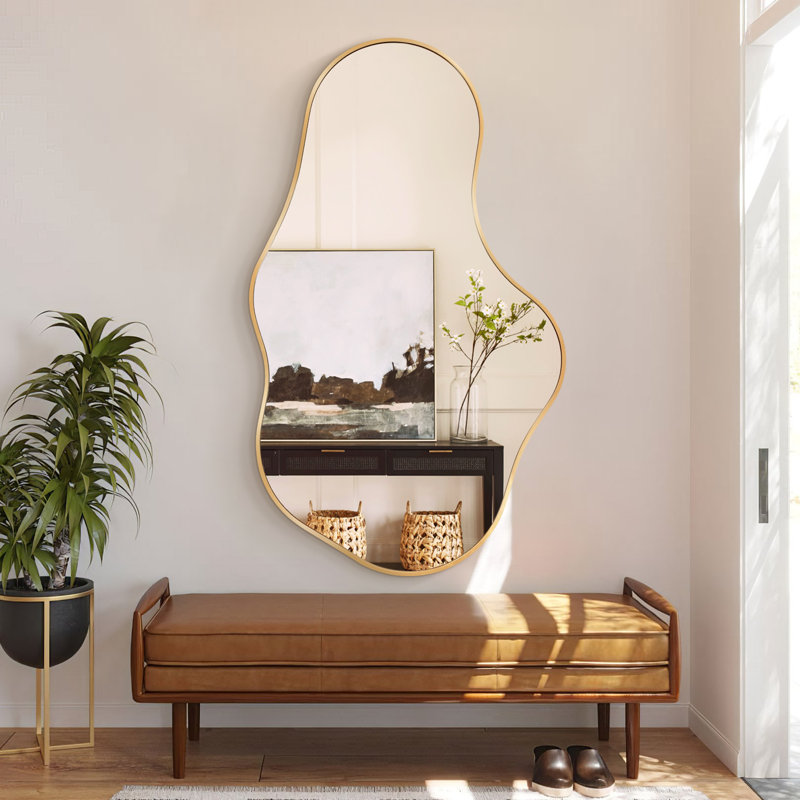 Modern Asymmetrical Wall Mirror with Aluminum Frame - Unique Geometric Design for Living Room, Bedroom, or Entryway, Gold