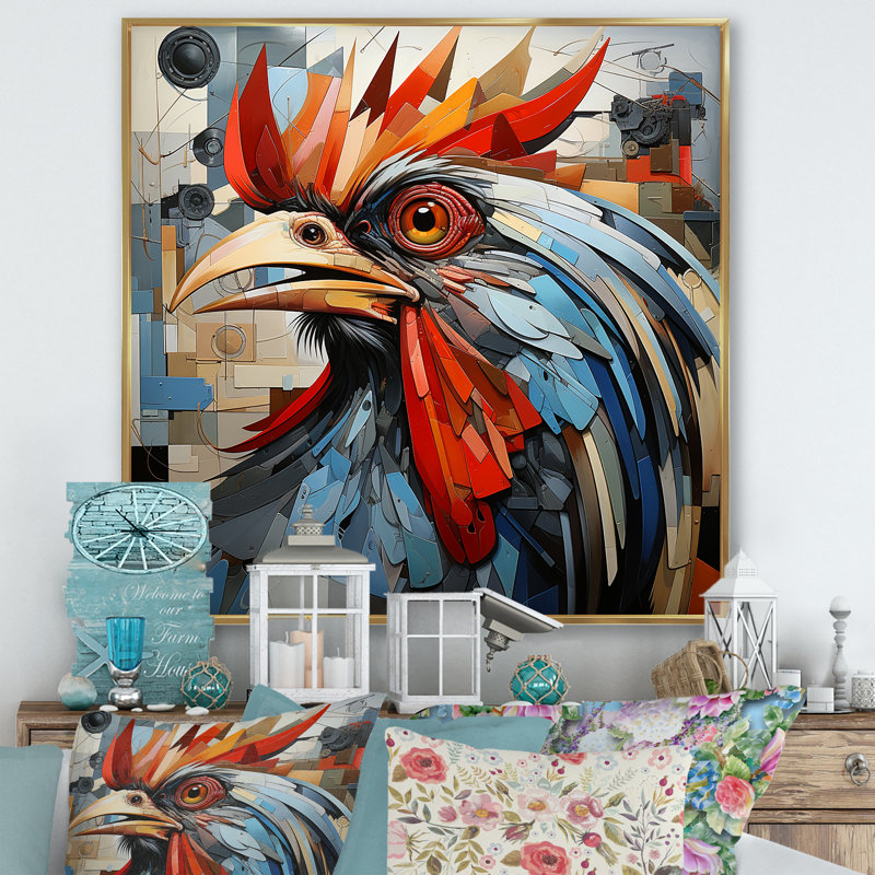 «Cubic Colorful Rooster Collage II», art animalier mural, Cadre flottant doré, H 36 po x l 36 po x P 1,5 po