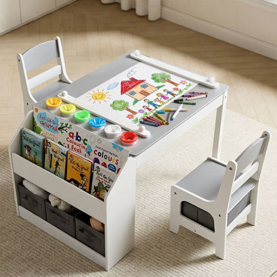 Kids Wooden Activity Table and 2 Chairs Set with Storage and Art Features
