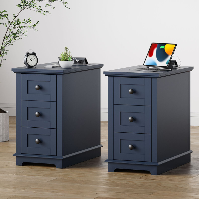3 Drawers Sets End Tables with Storage and Fast Charging Station, Blue Top/Blue Base, 2