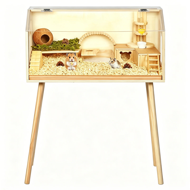 Cage à hamster en bois à mâcher avec pieds, grande cage à cochon d'Inde avec fenêtre en acrylique et plateau ouvert pour chinchilla, gerbille et petits animaux de compagnie