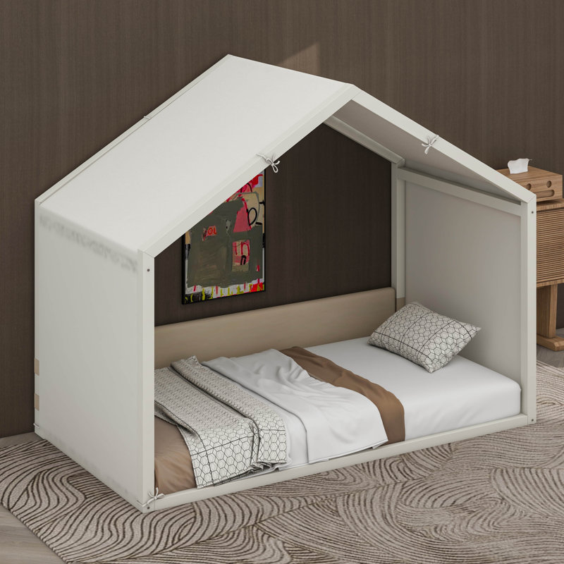 Lit à baldaquin simple moderne avec dessus en lin, cadre de lit plateforme à 4 affiches avec panneaux latéraux rembourrés en velours doux