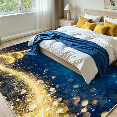 Tapis intérieur bleu doré lavable à la machine, motif sapin de Noël abstrait.