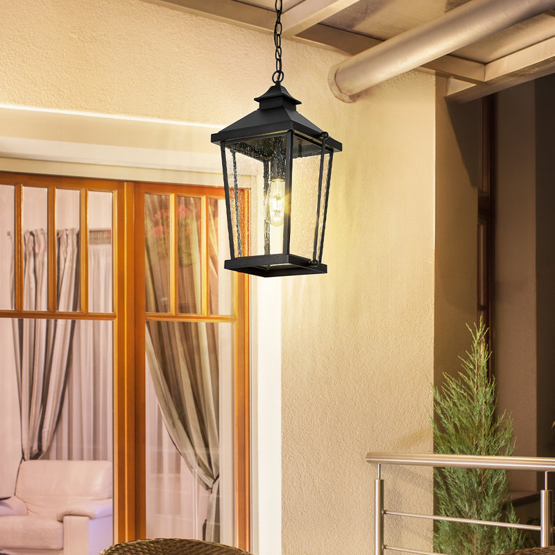 20 Inch Outdoor Hanging Light Die-Cast Aluminum Seeded Glass Black Finish
