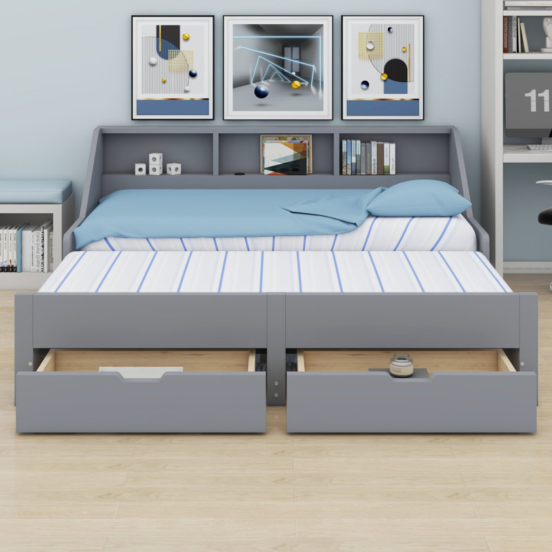 Daybed Frame With Storage Bookcases And Two Drawers,Charging Design, Gray