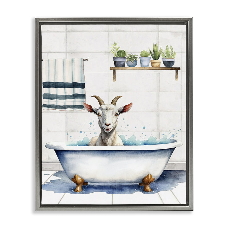 «Goat Bathtime Suds Floater», art mural sur toile par Kim Allen, Cadre flottant gris lustré, H 21 po x l 17 po