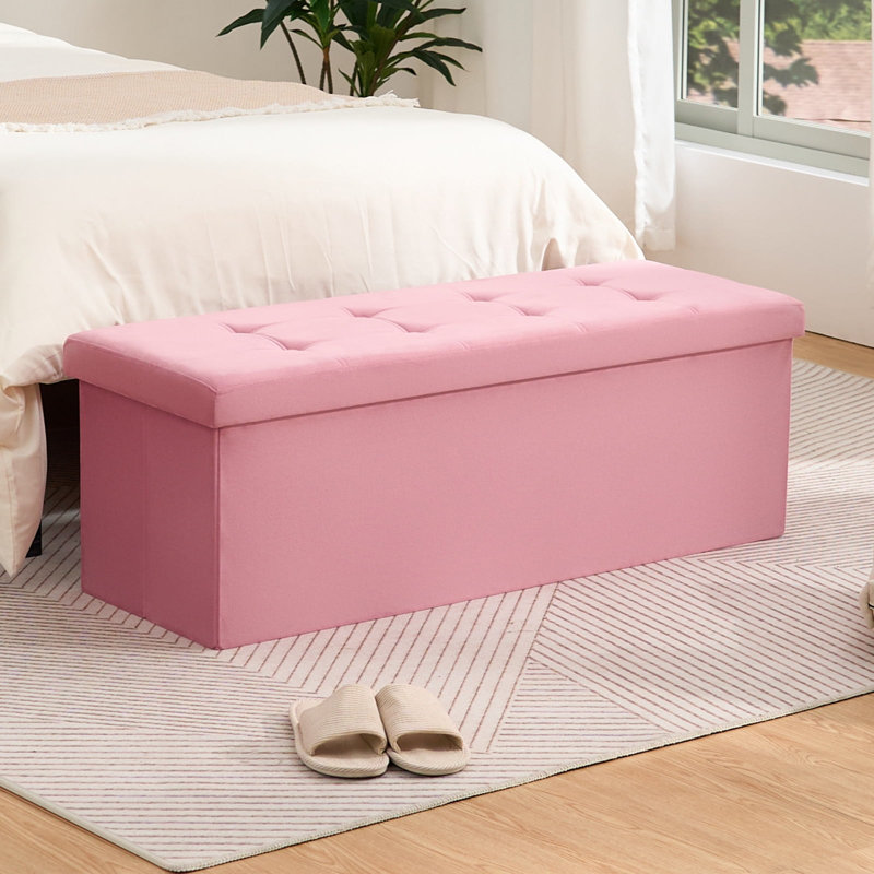 Banc de chambre pliant en velours avec rangement, Rose, H 15 po x l 43 po x P 15 po