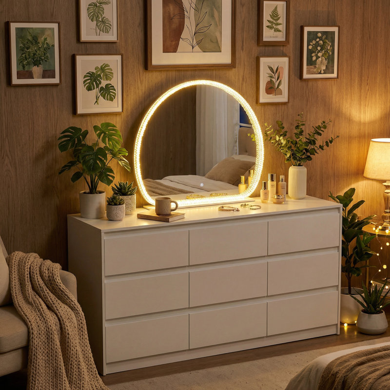 White 9-Drawer Dresser With Oversized Crystal-Edge LED Mirror