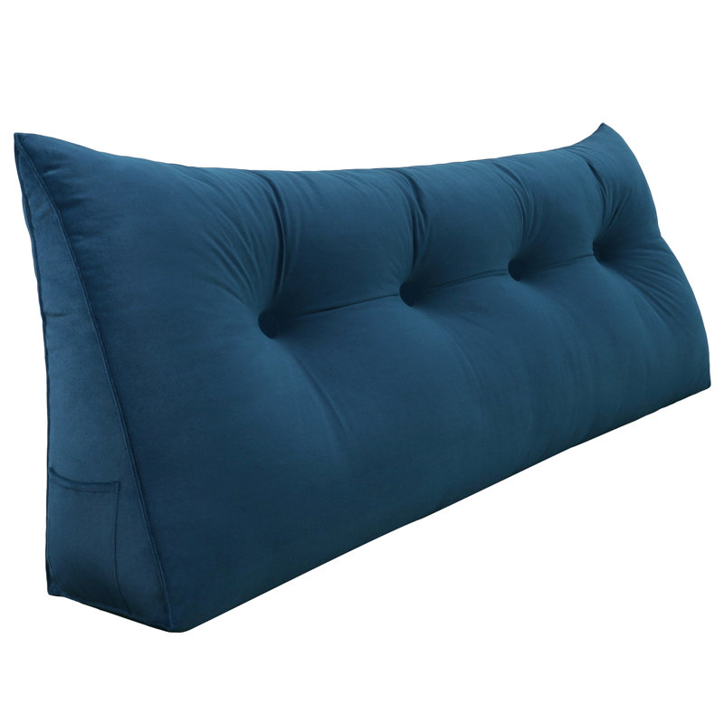 Sit-up Back Comfort Velvet Headboard Wedge Reading Pillow Triangular Backrest Back Support, Dark Blue, 20" H x 59" W