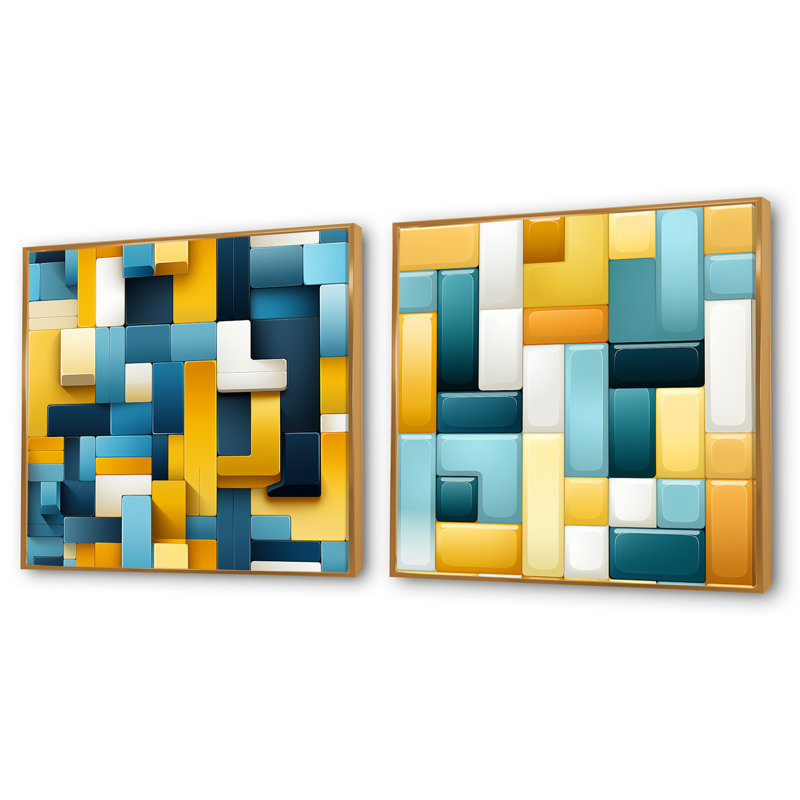 Harmonie de blocs géométriques jaunes et bleus - formes abstraites, ensemble de collage carré, Cadre flottant doré