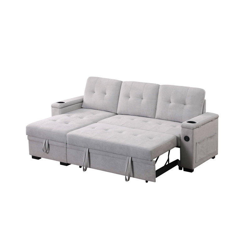 Lna 84 Inch Sectional Sofa, Pull Out Bed, Storage Chaise, USB, Gray Woven Fabric