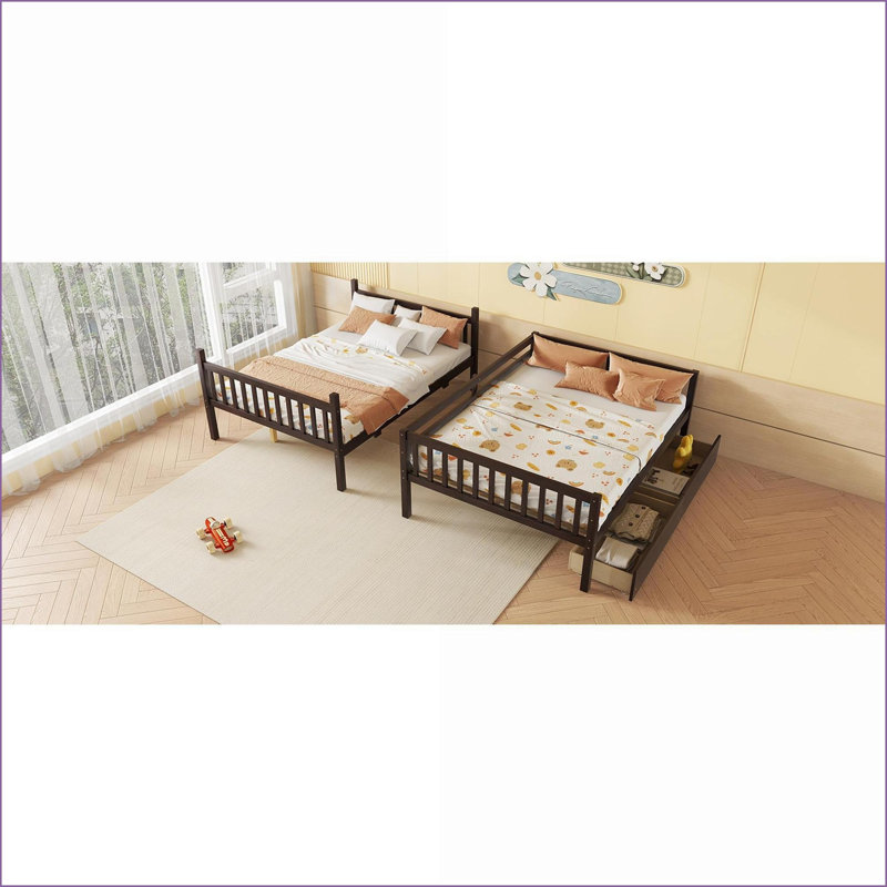 Full Over Full Rubber Wood Convertible Bunk Bed with 2 Drawers, No Box Spring Needed, Espresso, Full, Espresso