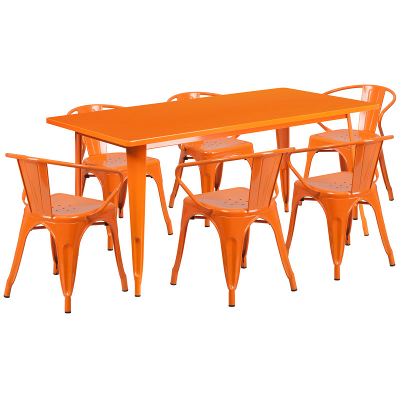 Ensemble de table rectangulaire intérieur / extérieur en métal 31,5 po x 63 po Lubron avec 4 fauteuils, Orange, 7
