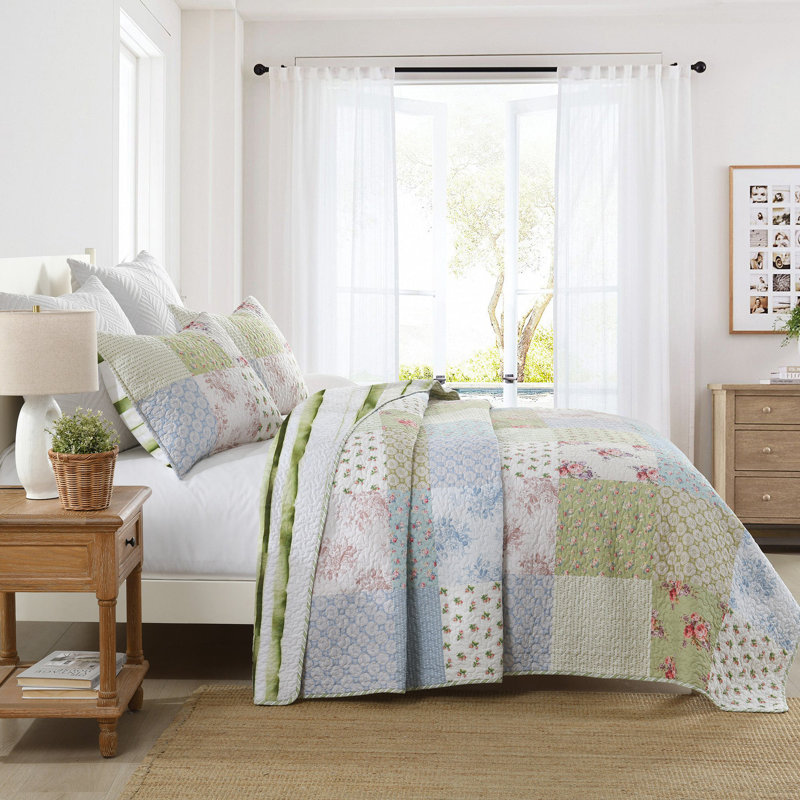 Ensemble de couvre-lit 3 pièces Patchwork, Courtepointe pour grand lit + 2 taies décoratives, Motif floral vert