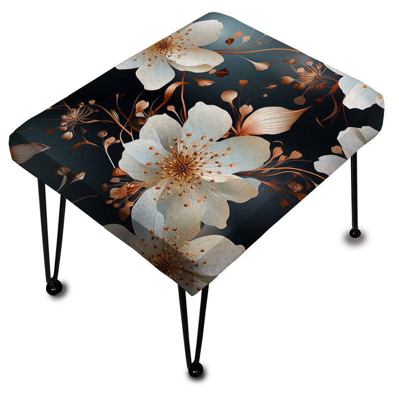 Mystic Aura White And Gold Floral Delight - Floral Rectangle Ottoman