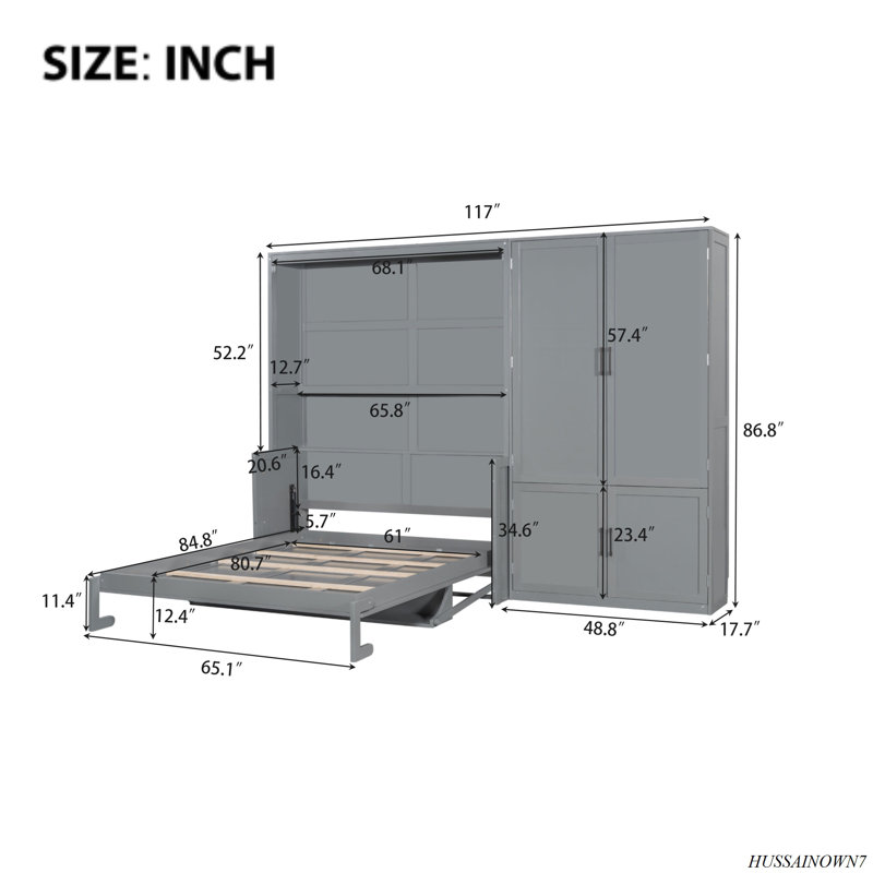 Murphy Bed Wall Bed With Closet, Gray